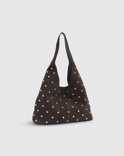 River Island White Slouch Shoulder Bag Suede Studded Leather
