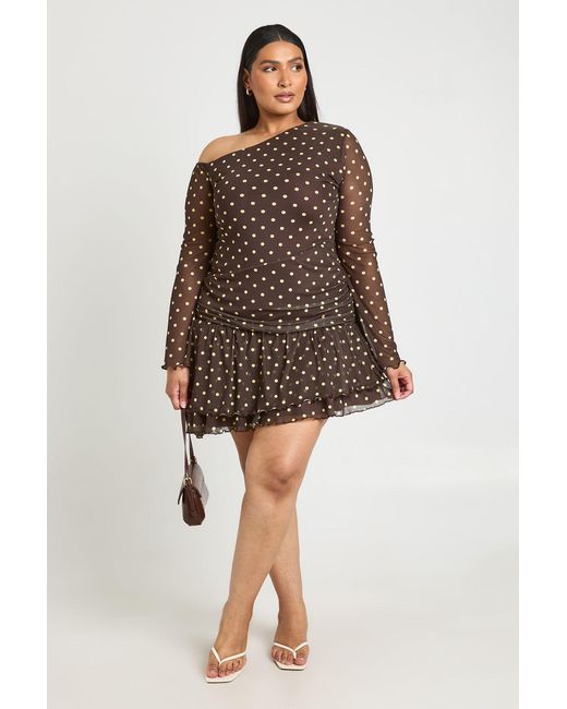 Boohoo Brown Plus Zebra Printed Mesh Asym Neck Mini Dress