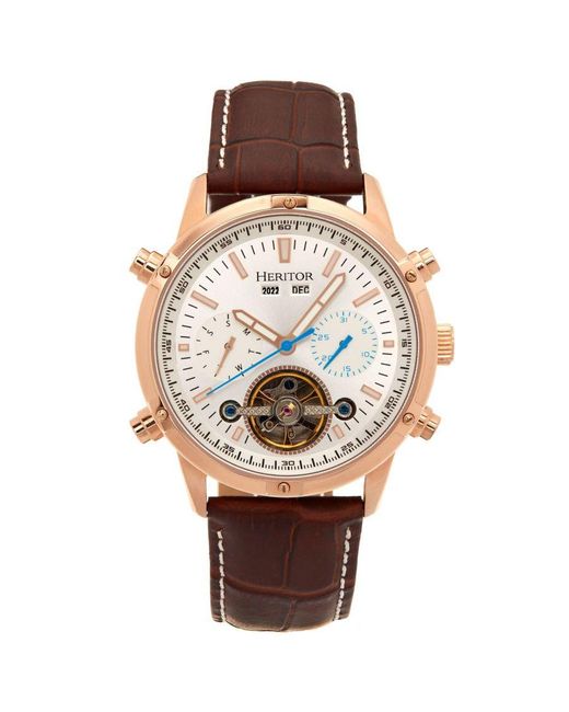 Heritor Brown Wilhelm Semi-Skeleton Leather-Band Watch W/Day/Date for men