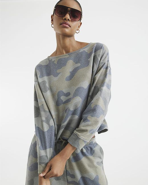 River Island Blue Sweatshirt Long Sleeve Camouflage