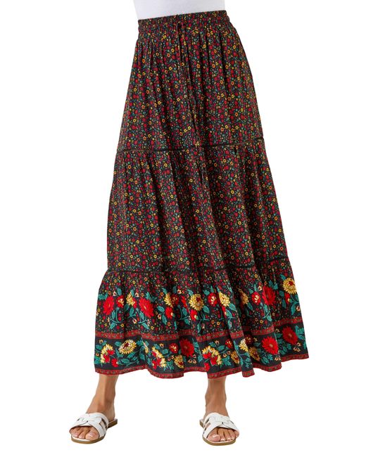 Roman Brown Tiered Floral Print Maxi Skirt