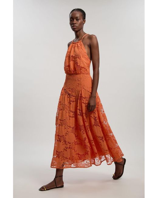 Karen Millen Orange Petite Lace Halter Woven Midi Dress
