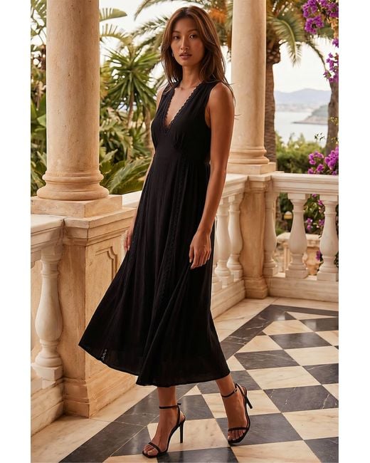 Roman Black Lace Trim V-Neck Midi Dress