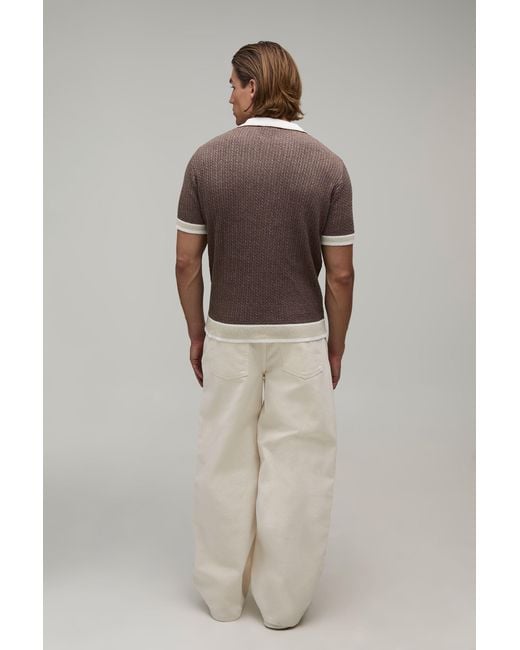 BoohooMAN Brown Cable Embroidered Knitted Polo for men