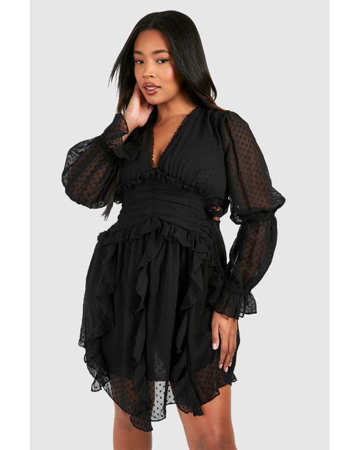 Boohoo Black Plus Dobby Mesh Long Sleeve Plunge Mini Dress