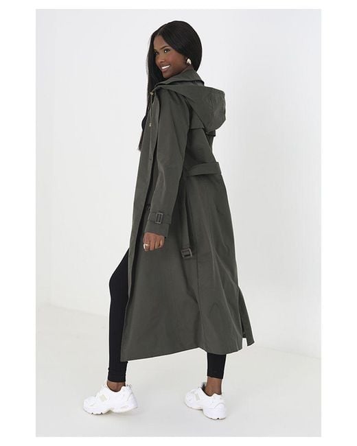 Brave Soul Green Double-Breasted Longline Trench Coat With Detachable Hood