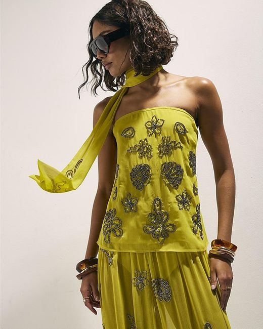 River Island Yellow Top Embellished Bandeau Blouse