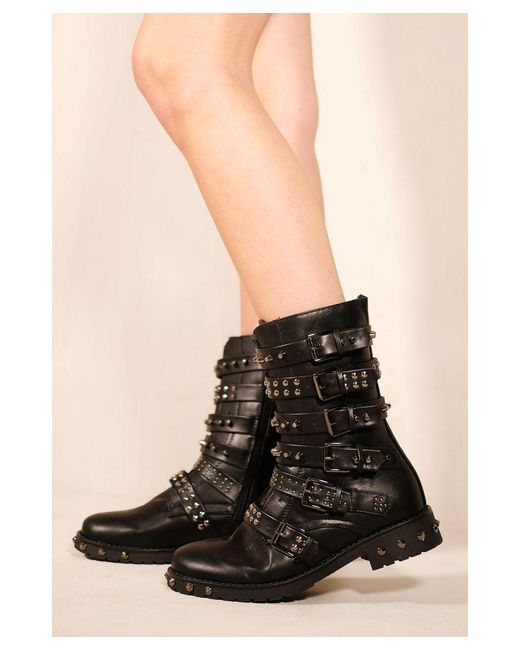 Where's That From Black 'Lili' Studded Ankle Boot With Buckle And Side Zip-Up