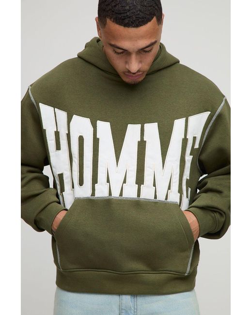 BoohooMAN Green Oversized Boxy Twill Applique Contrast Stitch Hoodie for men