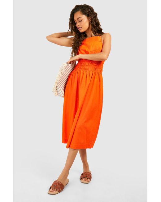 Boohoo Orange Strappy Linen Look Shirred Waist Midi Dress