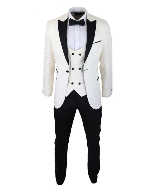 TruClothing Black Tuxedo Blazer Waistcoat Brocade Ivory Satin Paisley Dinner Jacket for men