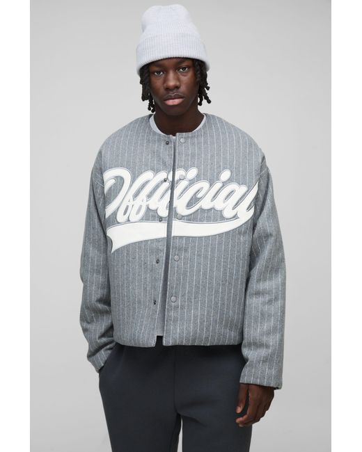 BoohooMAN Gray Oversized Collarless Stripe Baseball Varsity Jacket for men