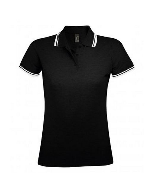 Sol's Black Ladies Pasadena Tipped Short Sleeve Pique Polo Shirt Cotton
