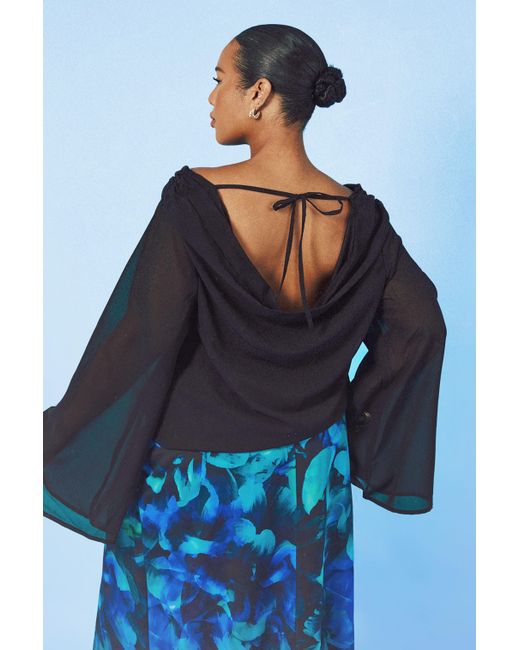 Boohoo Blue Plus Cowl Neck Chiffon Long Sleeve Top