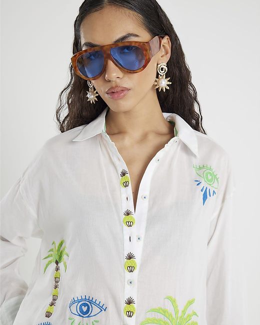 River Island White Shirt Palm Tree Embroidered Graphic Cotton
