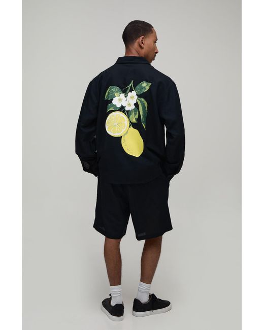 BoohooMAN Blue Lemon Back Print Oversized Linen Blend Shirt & Short Set for men