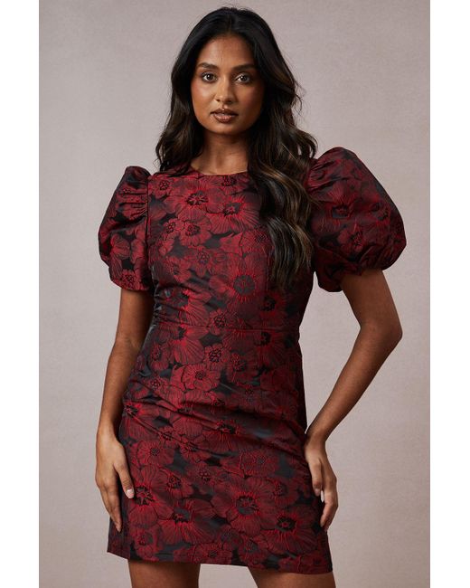 Oasis Red Occasion Jacquard Puff Sleeve Mini Dress