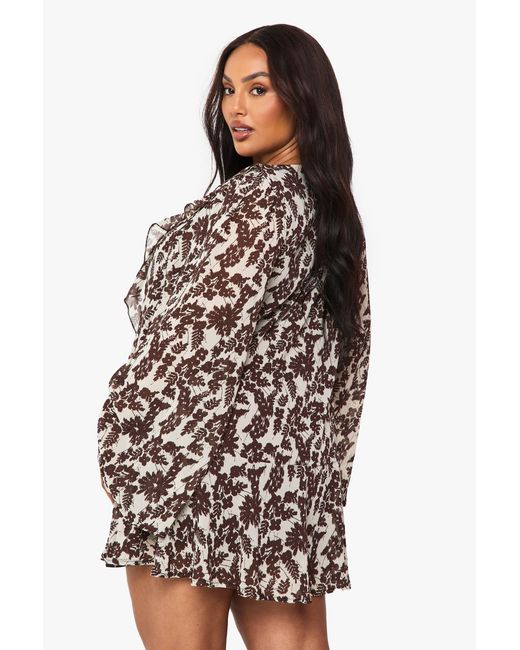 Boohoo Brown Plus Floral Ruffle Tie Front Shift Dress