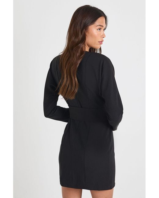 Boohoo Black Belted Long Sleeve Skater Dress