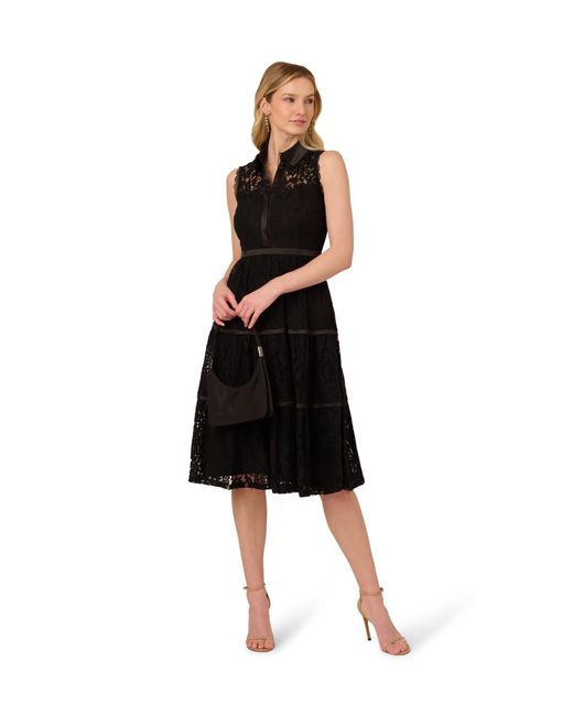 Adrianna Papell Black Lace Midi Shirt Dress