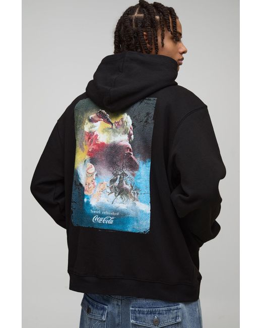 BoohooMAN Black Oversized Coca Cola Christmas License Printed Hoodie Cotton for men