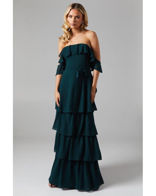 Oasis Blue Petite Bardot Tiered Georgette With Tie Detail Bridesmaids Dress