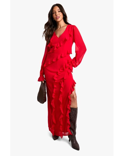 Boohoo Red Ruffle Long Sleeve Chiffon Maxi Dress