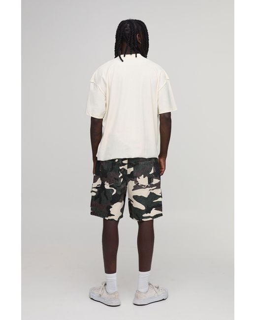 BoohooMAN Black Camo Multi Badge Cargo Denim Shorts for men