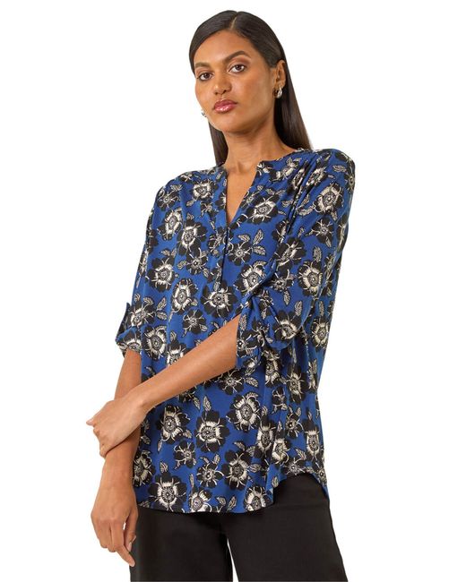Roman Blue Floral Puff Print Stretch Shirt