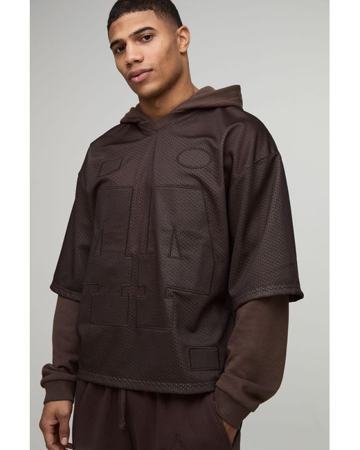 BoohooMAN Brown Oversized Boxy Varsity Applique Faux Layer Mesh Hockey Top Hoodie for men