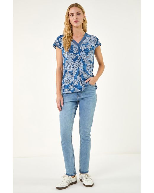 Roman Blue Leaf Print Lace Trim Top