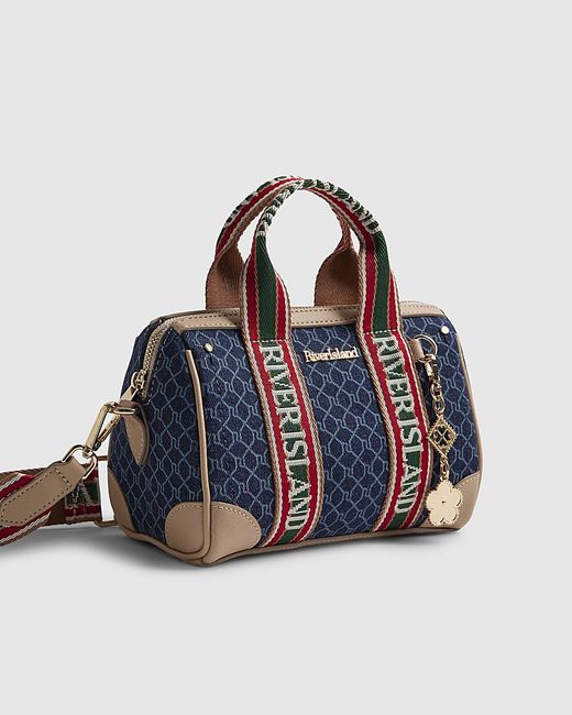 River Island Blue Bowler Bag Denim Monogram Webbing Detail