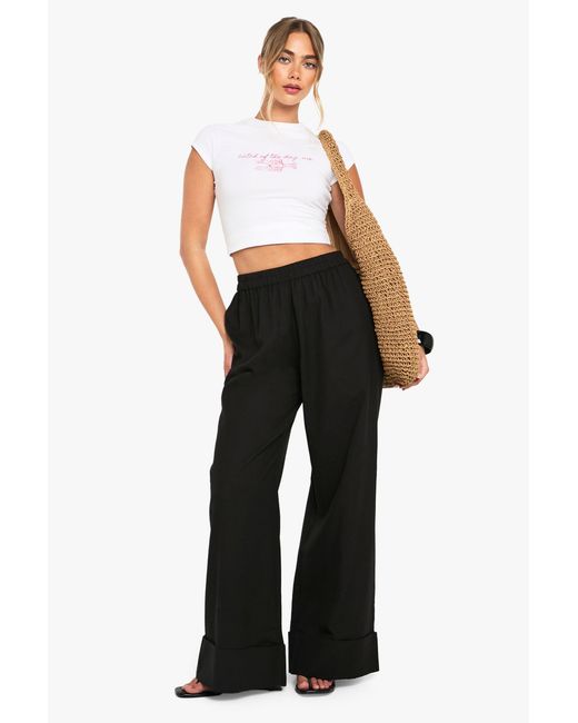 Boohoo Black Linen Turn Up Wide Leg Trousers