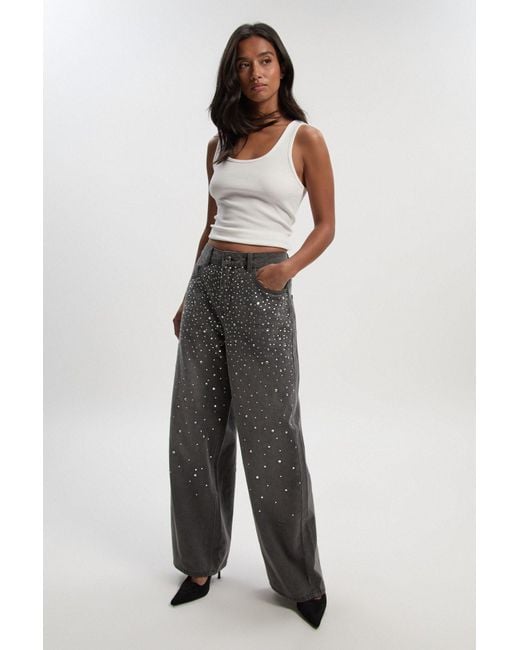 Boohoo Gray Petite Embellished High Waist Straight Leg Jean