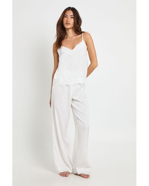 Boohoo White Eyelash Lace Trim Cami & Trouser Pyjama Set