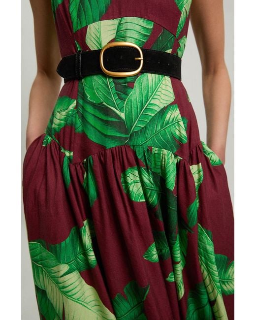 Karen Millen Green Petite Viscose Linen Palm Tree Belted Drop Waist Woven Midi Dress