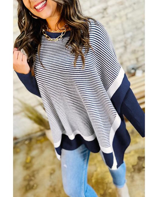 Azura Exchange Blue Gestreifter Poncho Mit Langen Ärmeln Pullover