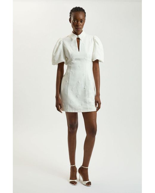 Karen Millen White Embellished Short Sleeve Woven Mini Dress