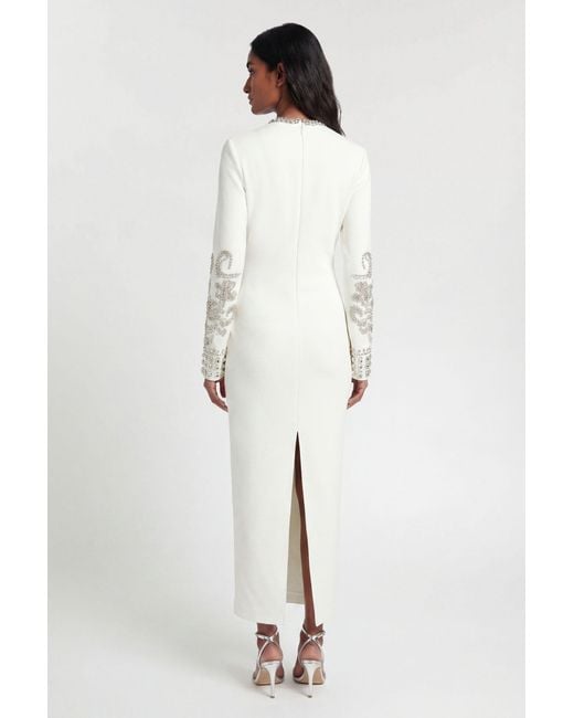 Karen Millen White Figure Form Bandage Knit Embellished Wide Sleeve Midi Dress
