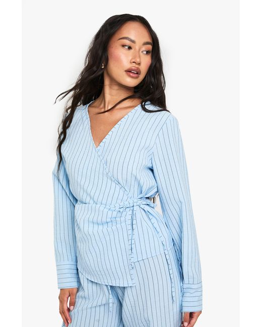 Boohoo Blue Woven Striped Wrap Tie Detail Top