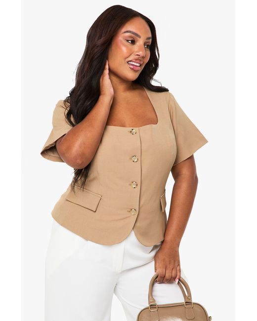 Boohoo White Plus Square Neck Cinched Waist Short Sleeve Blazer