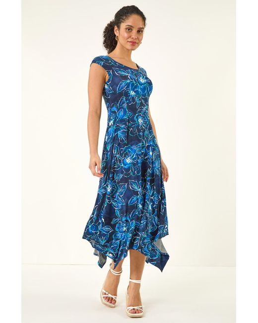 Roman Blue Floral Print Stretch Maxi Dress