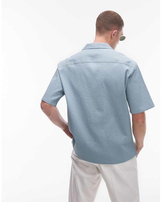 Topman Blue Short Sleeve Relaxed Seersucker Shirt for men