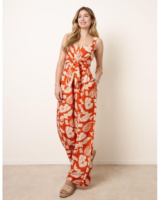 Blue Vanilla White Tropical Tie Front Jumpsuit