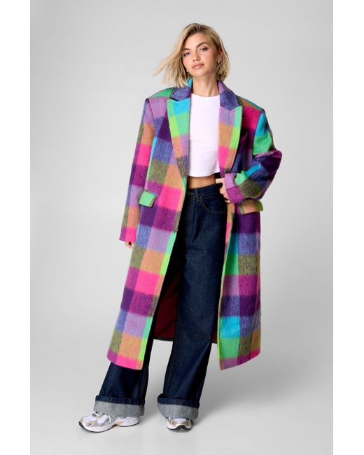 Nasty Gal Blue Multi Check Single Breasted Tailored Coat