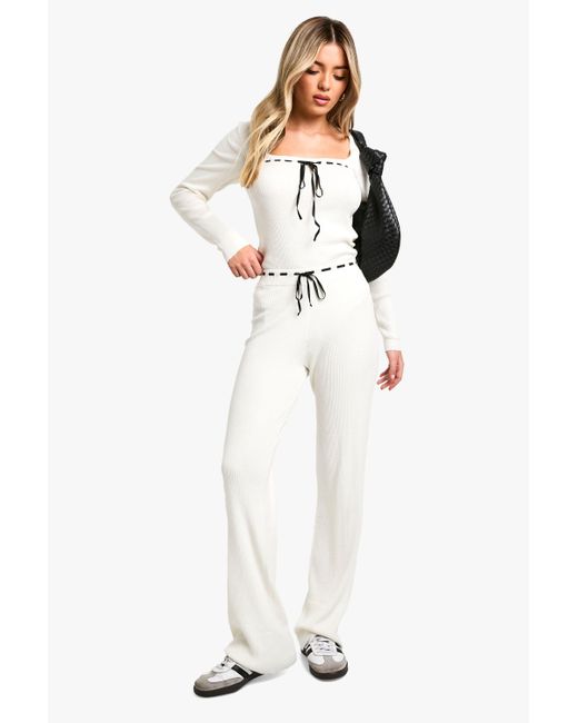 Boohoo White Contrast Lace Up Detail Rib Knit Co-Ord
