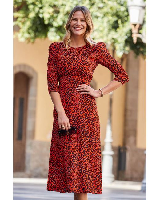Sosandar Multicolor Print Ruched Shoulder Midi Dress