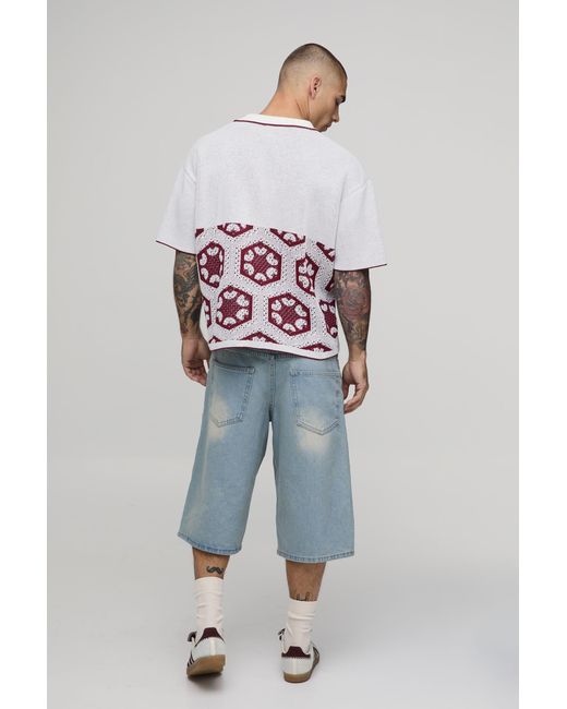 BoohooMAN Gray Oversized Boxy Spliced Crochet Tapestry Knitted Polo for men