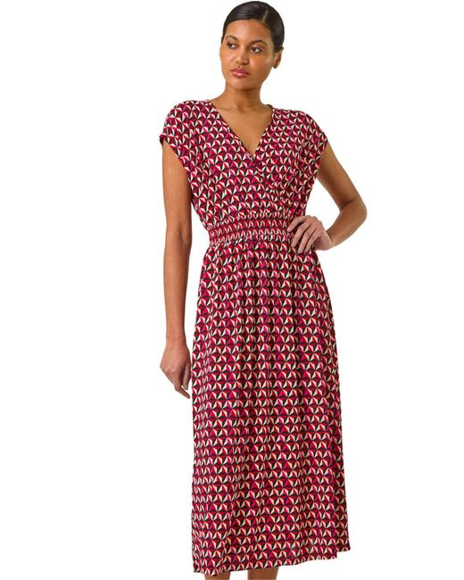 Roman Red Geo Print V-Neck Stretch Midi Dress