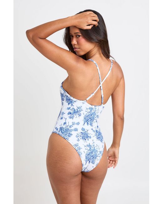 Boohoo Blue Floral Print Plunge Swimsuit